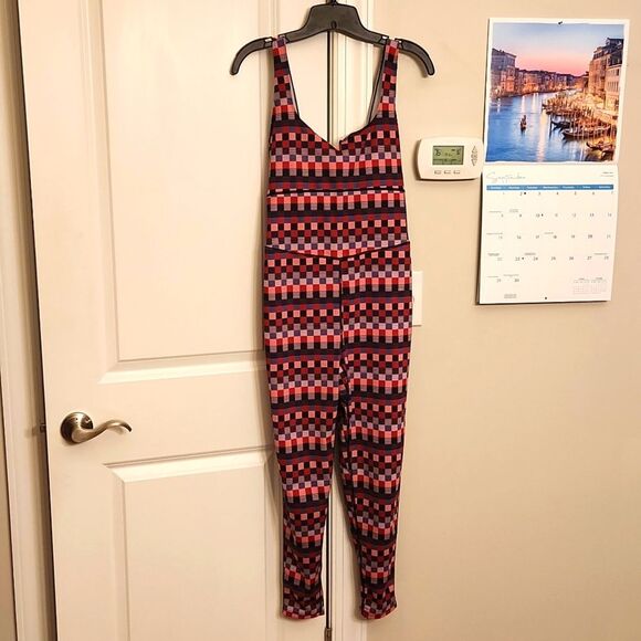Free People Movement Red Pink Purple Checkered Athletic Bodysuit Size M - Picture 1 of 10